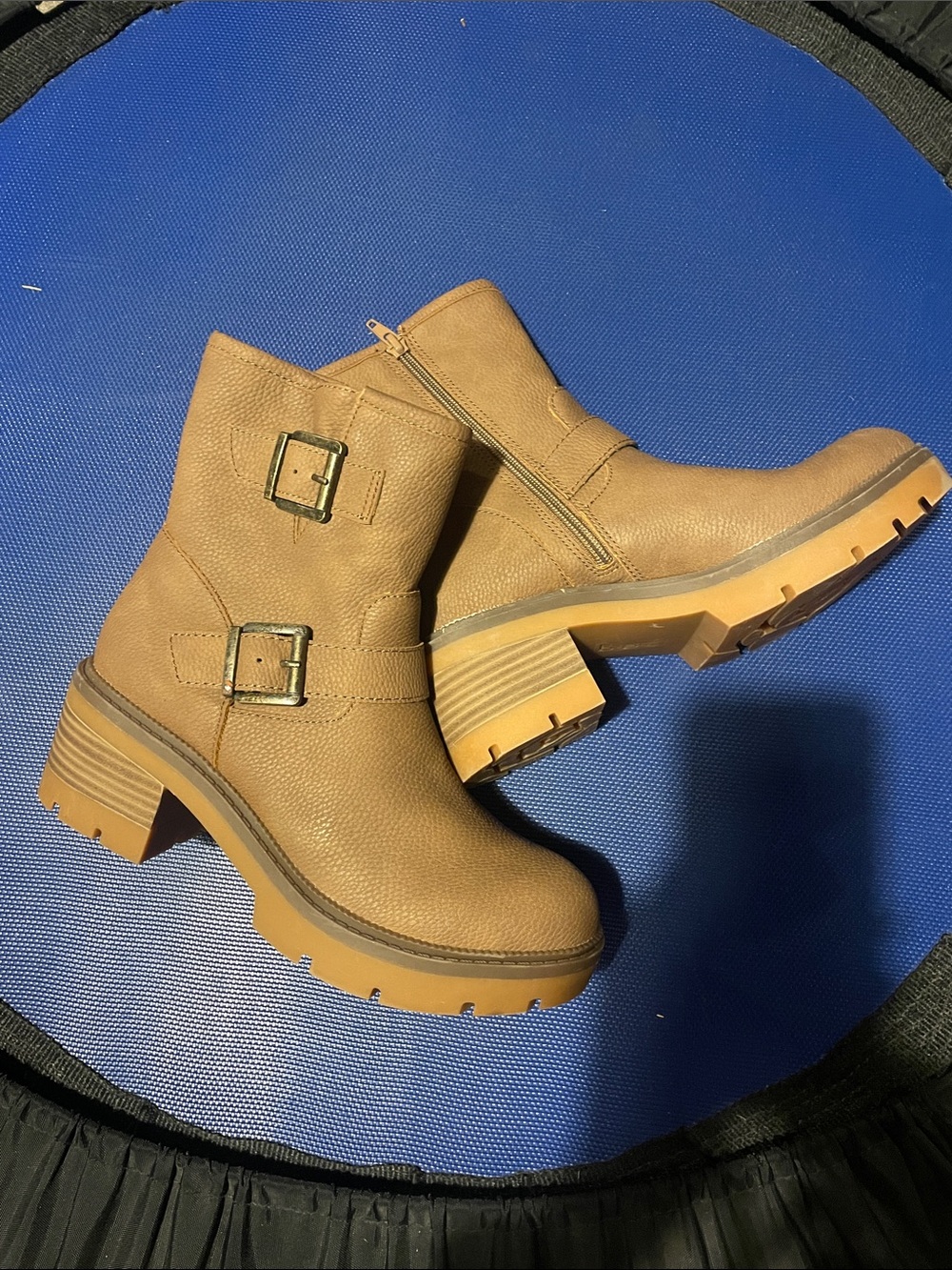 boc Tan Lug-Sole Ankle Boots with Double Buckles